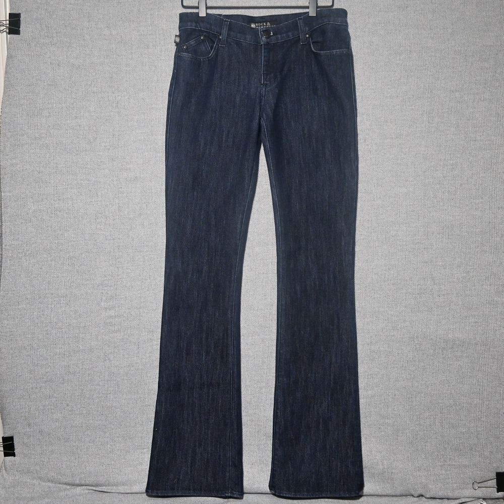 Rock & Republic Bootcut Jeans Womens Crystal Logo USA 29 Dark Wash Blue VTG
